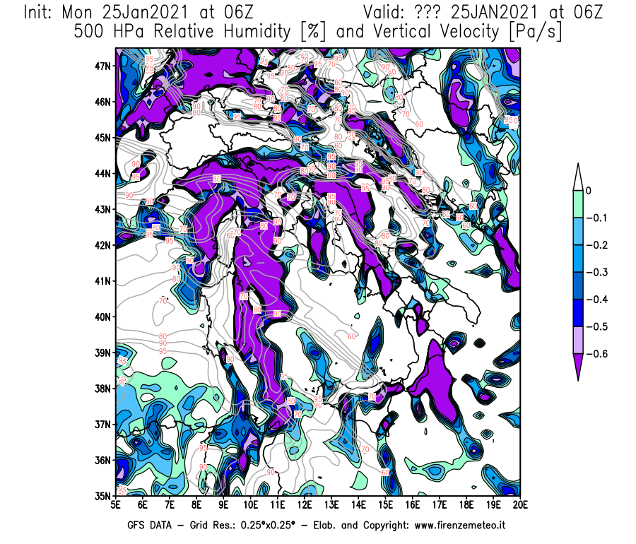 Mappa di analisi GFS - Umidità relativa [%] e Omega [Pa/s] a 500 hPa in Italia
									del 25/01/2021 06 <!--googleoff: index-->UTC<!--googleon: index-->
