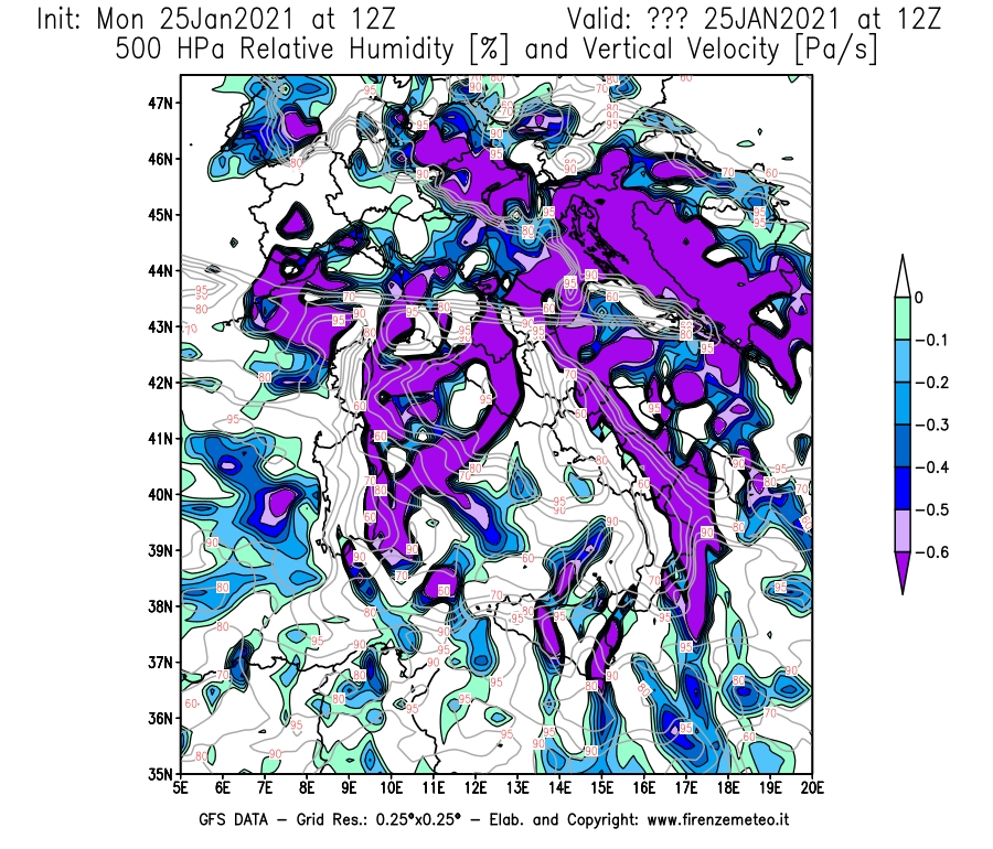 Mappa di analisi GFS - Umidità relativa [%] e Omega [Pa/s] a 500 hPa in Italia
									del 25/01/2021 12 <!--googleoff: index-->UTC<!--googleon: index-->