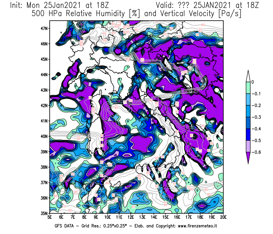 Mappa di analisi GFS - Umidità relativa [%] e Omega [Pa/s] a 500 hPa in Italia
							del 25/01/2021 18 <!--googleoff: index-->UTC<!--googleon: index-->