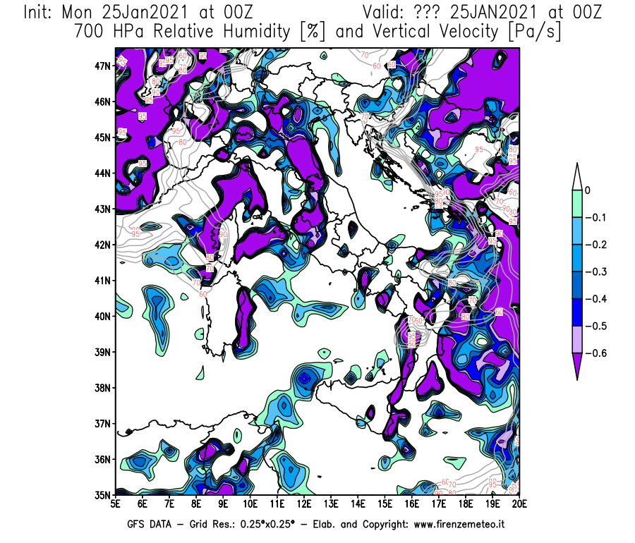 Mappa di analisi GFS - Umidità relativa [%] e Omega [Pa/s] a 700 hPa in Italia
									del 25/01/2021 00 <!--googleoff: index-->UTC<!--googleon: index-->
