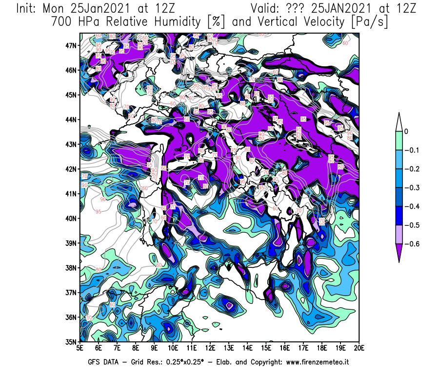 Mappa di analisi GFS - Umidità relativa [%] e Omega [Pa/s] a 700 hPa in Italia
									del 25/01/2021 12 <!--googleoff: index-->UTC<!--googleon: index-->
