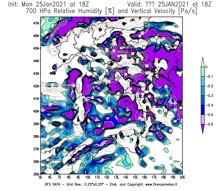 Mappa di analisi GFS - Umidità relativa [%] e Omega [Pa/s] a 700 hPa in Italia
									del 25/01/2021 18 <!--googleoff: index-->UTC<!--googleon: index-->