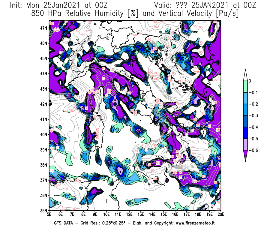 Mappa di analisi GFS - Umidità relativa [%] e Omega [Pa/s] a 850 hPa in Italia
							del 25/01/2021 00 <!--googleoff: index-->UTC<!--googleon: index-->