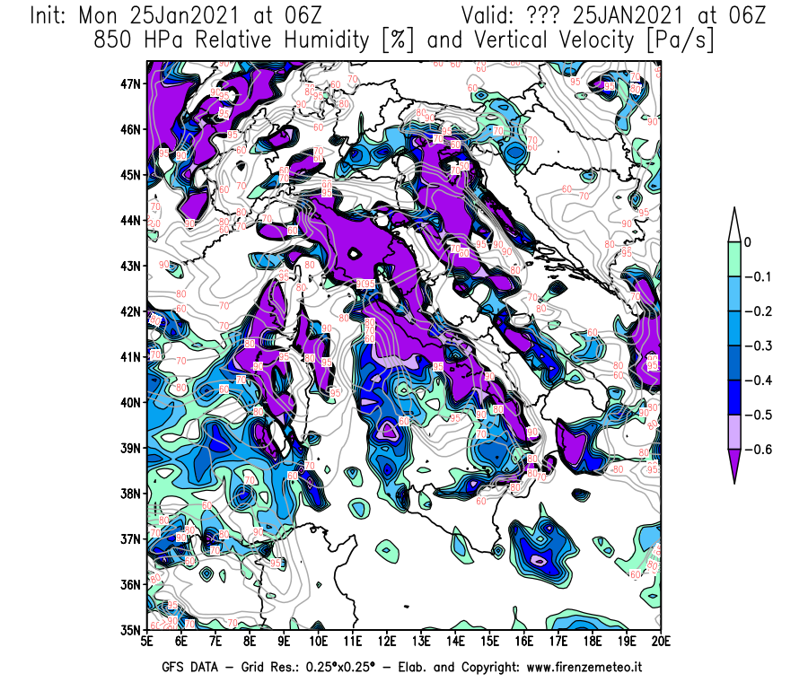 Mappa di analisi GFS - Umidità relativa [%] e Omega [Pa/s] a 850 hPa in Italia
									del 25/01/2021 06 <!--googleoff: index-->UTC<!--googleon: index-->
