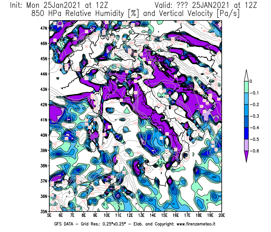 Mappa di analisi GFS - Umidità relativa [%] e Omega [Pa/s] a 850 hPa in Italia
									del 25/01/2021 12 <!--googleoff: index-->UTC<!--googleon: index-->