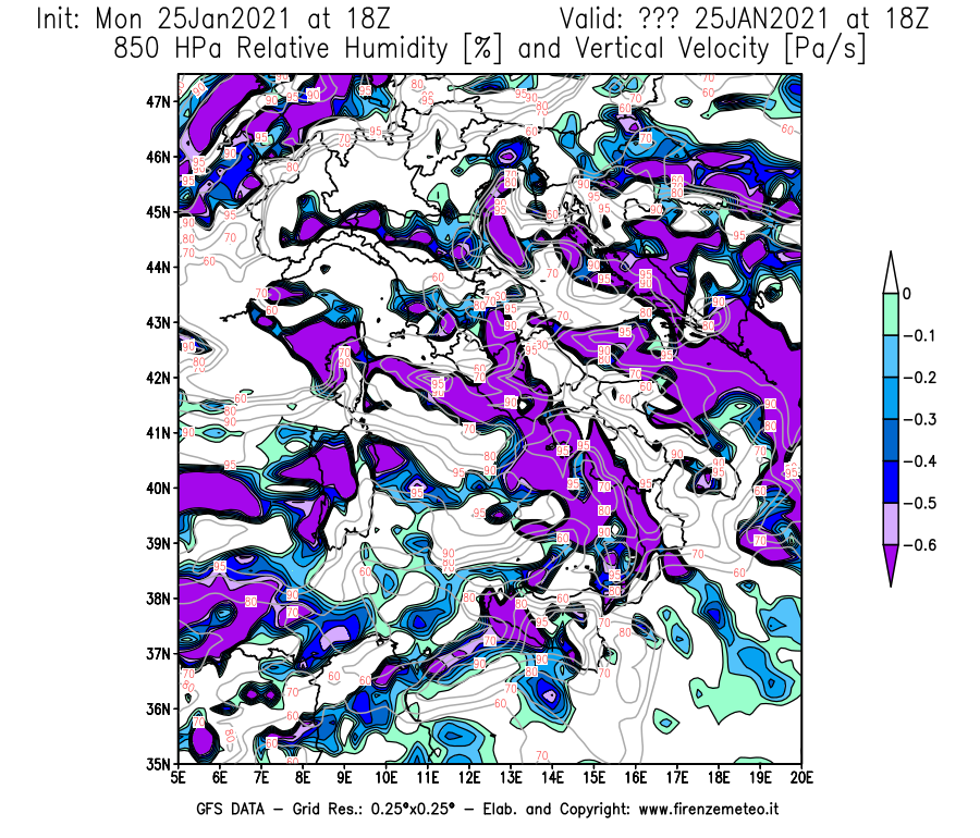 Mappa di analisi GFS - Umidità relativa [%] e Omega [Pa/s] a 850 hPa in Italia
									del 25/01/2021 18 <!--googleoff: index-->UTC<!--googleon: index-->