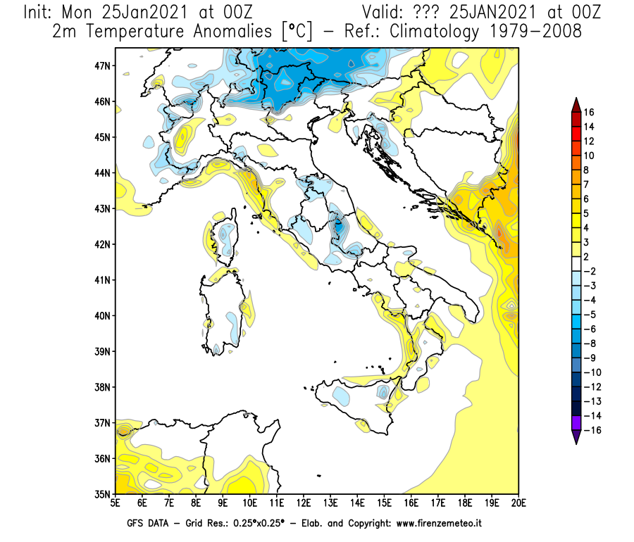 Mappa di analisi GFS - Anomalia Temperatura [°C] a 2 m in Italia
									del 25/01/2021 00 <!--googleoff: index-->UTC<!--googleon: index-->