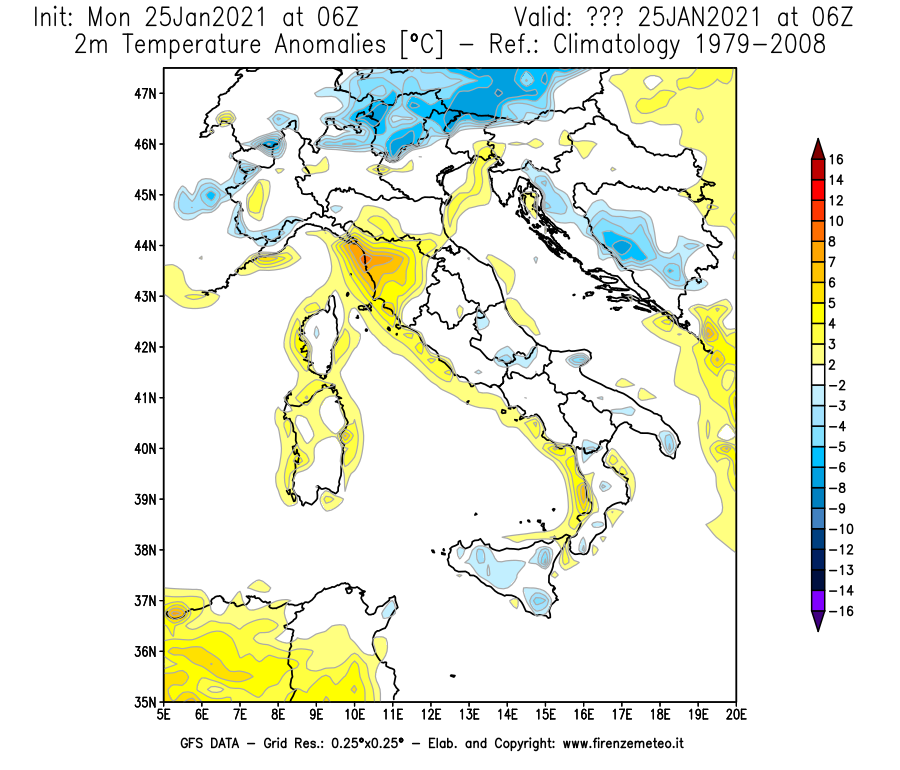 Mappa di analisi GFS - Anomalia Temperatura [°C] a 2 m in Italia
							del 25/01/2021 06 <!--googleoff: index-->UTC<!--googleon: index-->