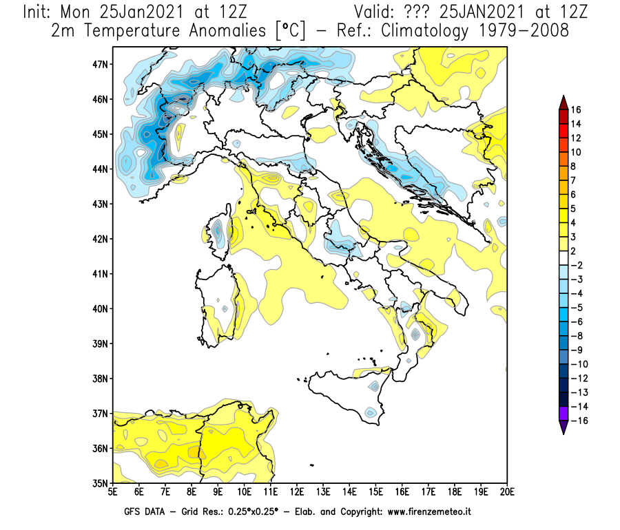 Mappa di analisi GFS - Anomalia Temperatura [°C] a 2 m in Italia
									del 25/01/2021 12 <!--googleoff: index-->UTC<!--googleon: index-->