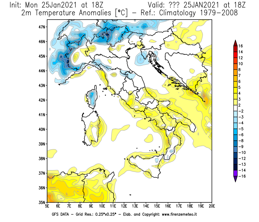 Mappa di analisi GFS - Anomalia Temperatura [°C] a 2 m in Italia
									del 25/01/2021 18 <!--googleoff: index-->UTC<!--googleon: index-->