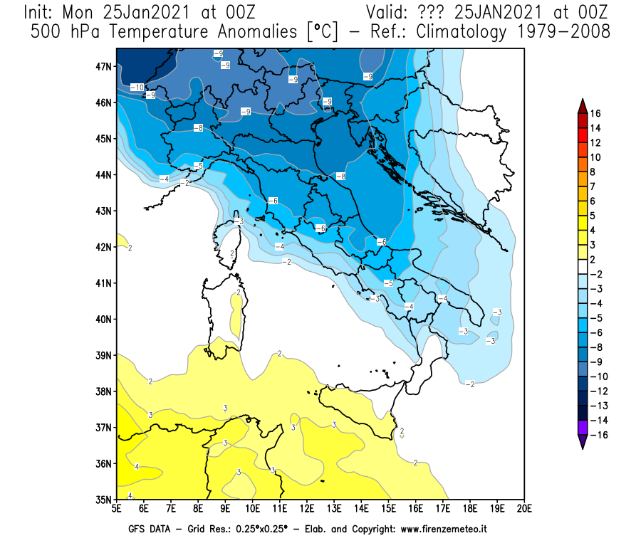 Mappa di analisi GFS - Anomalia Temperatura [°C] a 500 hPa in Italia
									del 25/01/2021 00 <!--googleoff: index-->UTC<!--googleon: index-->
