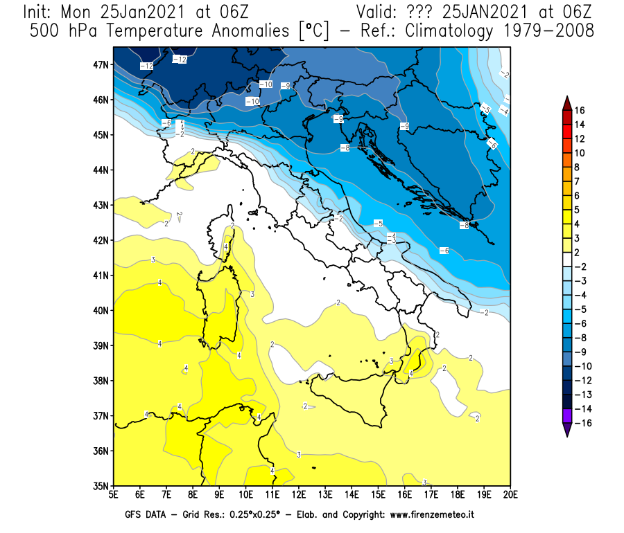 Mappa di analisi GFS - Anomalia Temperatura [°C] a 500 hPa in Italia
							del 25/01/2021 06 <!--googleoff: index-->UTC<!--googleon: index-->