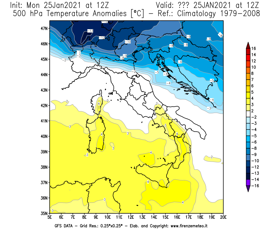 Mappa di analisi GFS - Anomalia Temperatura [°C] a 500 hPa in Italia
							del 25/01/2021 12 <!--googleoff: index-->UTC<!--googleon: index-->