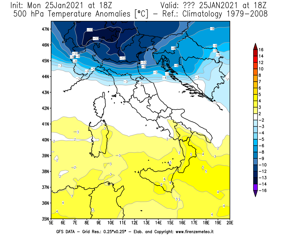 Mappa di analisi GFS - Anomalia Temperatura [°C] a 500 hPa in Italia
									del 25/01/2021 18 <!--googleoff: index-->UTC<!--googleon: index-->
