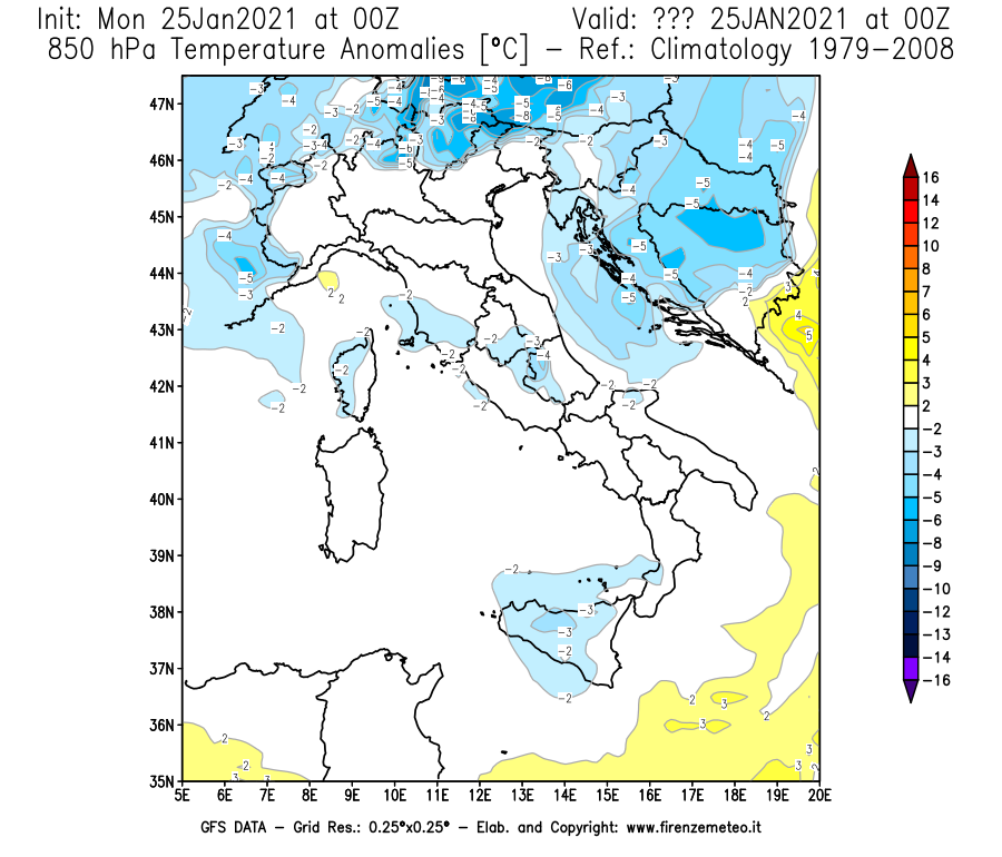Mappa di analisi GFS - Anomalia Temperatura [°C] a 850 hPa in Italia
									del 25/01/2021 00 <!--googleoff: index-->UTC<!--googleon: index-->