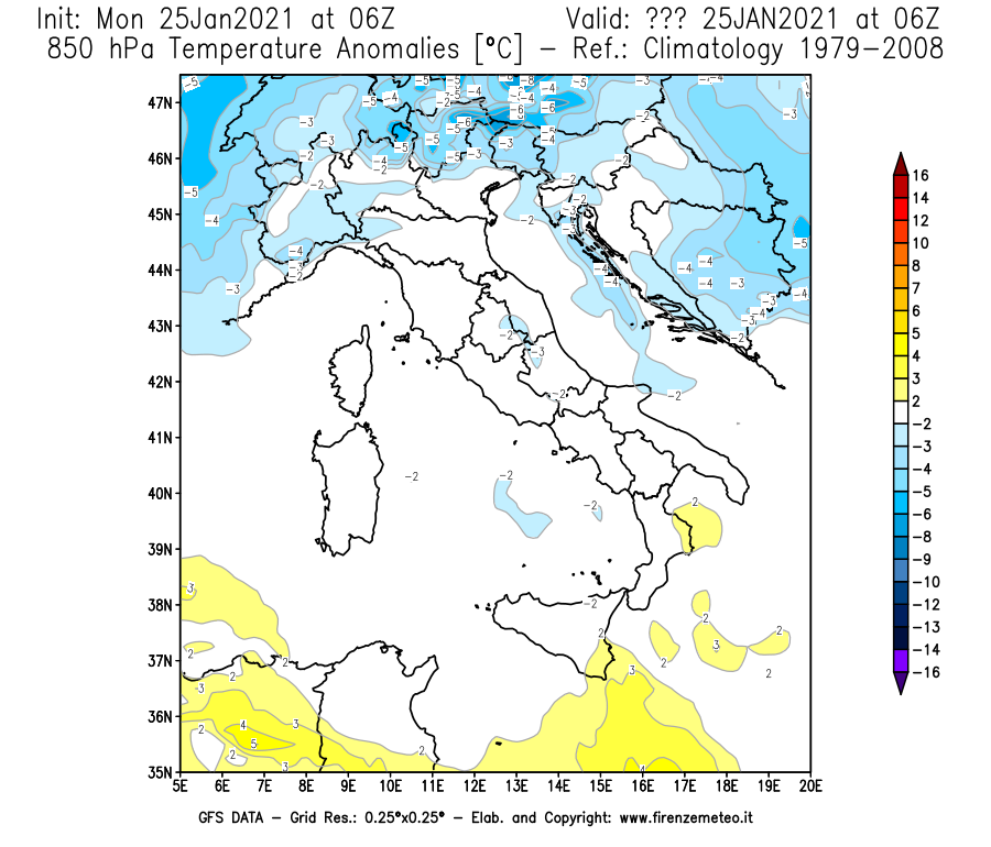 Mappa di analisi GFS - Anomalia Temperatura [°C] a 850 hPa in Italia
									del 25/01/2021 06 <!--googleoff: index-->UTC<!--googleon: index-->