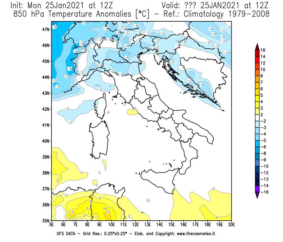 Mappa di analisi GFS - Anomalia Temperatura [°C] a 850 hPa in Italia
							del 25/01/2021 12 <!--googleoff: index-->UTC<!--googleon: index-->