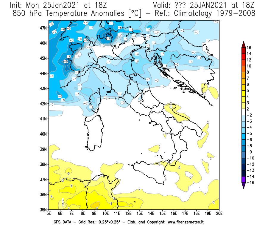 Mappa di analisi GFS - Anomalia Temperatura [°C] a 850 hPa in Italia
									del 25/01/2021 18 <!--googleoff: index-->UTC<!--googleon: index-->