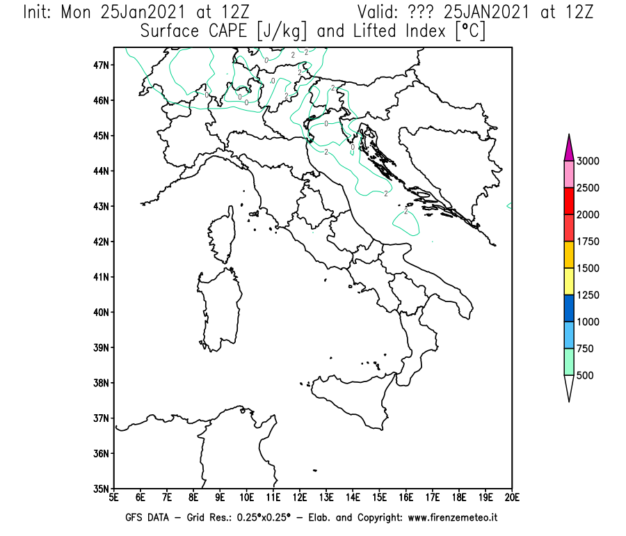 Mappa di analisi GFS - CAPE [J/kg] e Lifted Index [°C] in Italia
									del 25/01/2021 12 <!--googleoff: index-->UTC<!--googleon: index-->