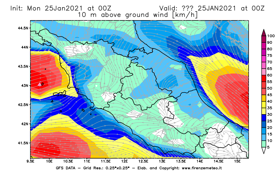 Mappa di analisi GFS - Velocità del vento a 10 metri dal suolo [km/h] in Centro-Italia
							del 25/01/2021 00 <!--googleoff: index-->UTC<!--googleon: index-->