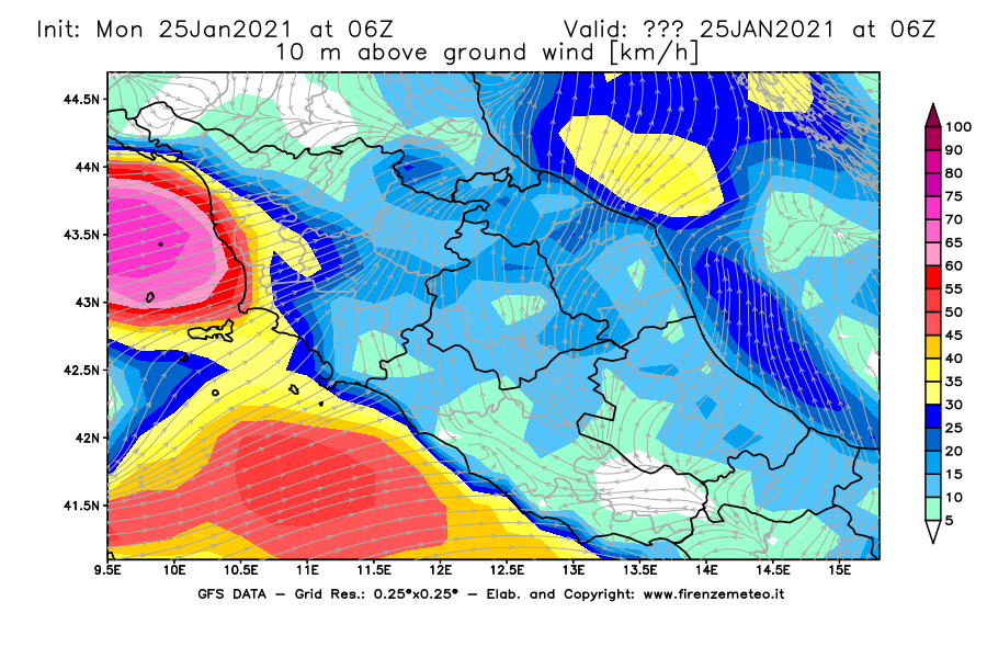 Mappa di analisi GFS - Velocità del vento a 10 metri dal suolo [km/h] in Centro-Italia
									del 25/01/2021 06 <!--googleoff: index-->UTC<!--googleon: index-->