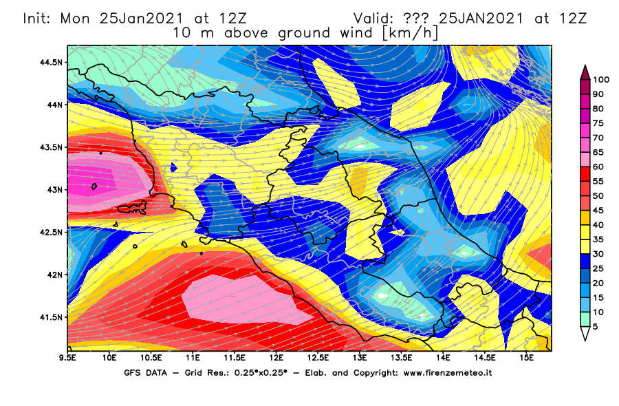 Mappa di analisi GFS - Velocità del vento a 10 metri dal suolo [km/h] in Centro-Italia
							del 25/01/2021 12 <!--googleoff: index-->UTC<!--googleon: index-->