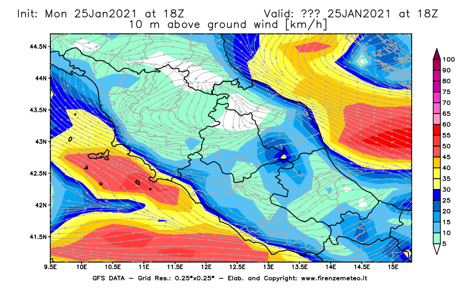 Mappa di analisi GFS - Velocità del vento a 10 metri dal suolo [km/h] in Centro-Italia
									del 25/01/2021 18 <!--googleoff: index-->UTC<!--googleon: index-->