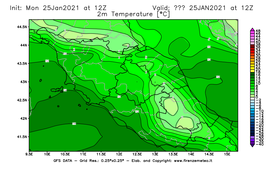 Mappa di analisi GFS - Temperatura a 2 metri dal suolo [°C] in Centro-Italia
							del 25/01/2021 12 <!--googleoff: index-->UTC<!--googleon: index-->