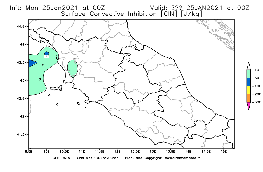 Mappa di analisi GFS - CIN [J/kg] in Centro-Italia
									del 25/01/2021 00 <!--googleoff: index-->UTC<!--googleon: index-->