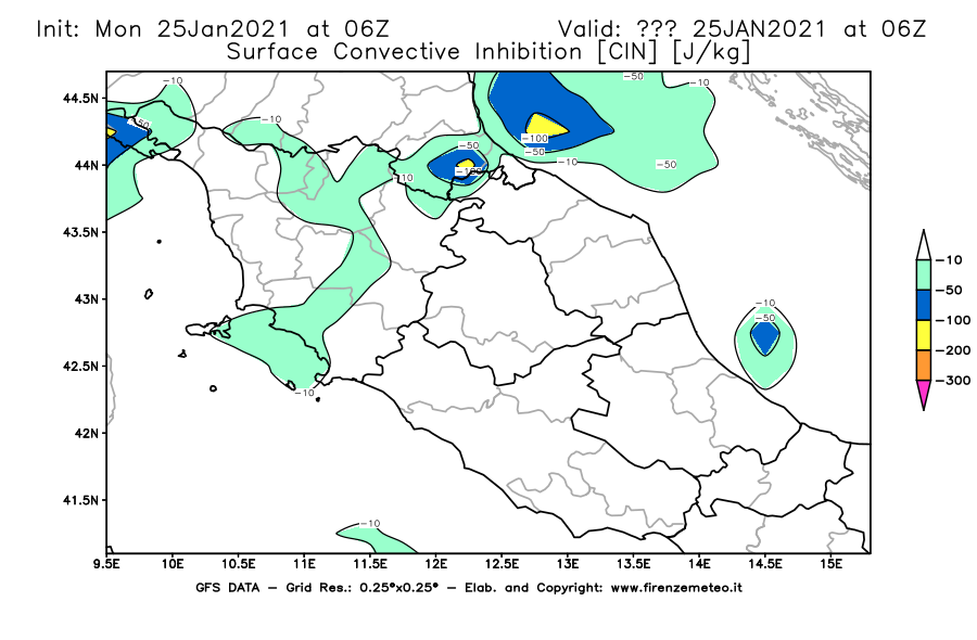 Mappa di analisi GFS - CIN [J/kg] in Centro-Italia
							del 25/01/2021 06 <!--googleoff: index-->UTC<!--googleon: index-->