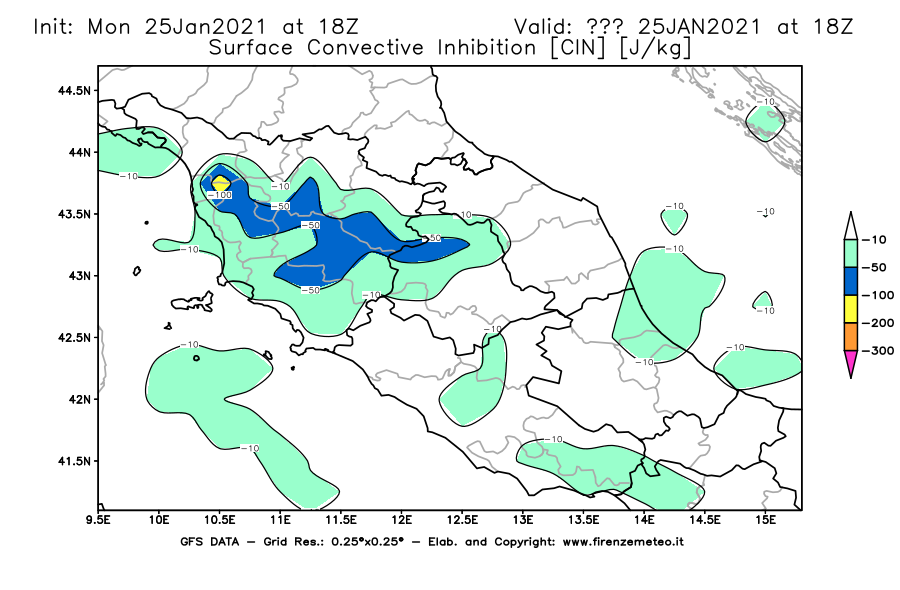 Mappa di analisi GFS - CIN [J/kg] in Centro-Italia
									del 25/01/2021 18 <!--googleoff: index-->UTC<!--googleon: index-->