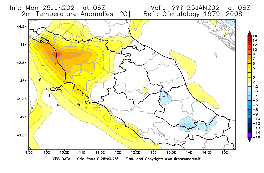 Mappa di analisi GFS - Anomalia Temperatura [°C] a 2 m in Centro-Italia
									del 25/01/2021 06 <!--googleoff: index-->UTC<!--googleon: index-->