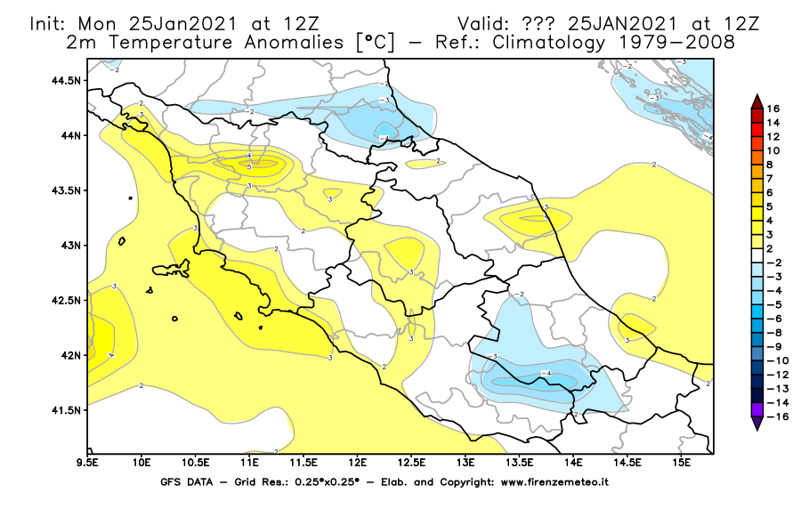 Mappa di analisi GFS - Anomalia Temperatura [°C] a 2 m in Centro-Italia
							del 25/01/2021 12 <!--googleoff: index-->UTC<!--googleon: index-->