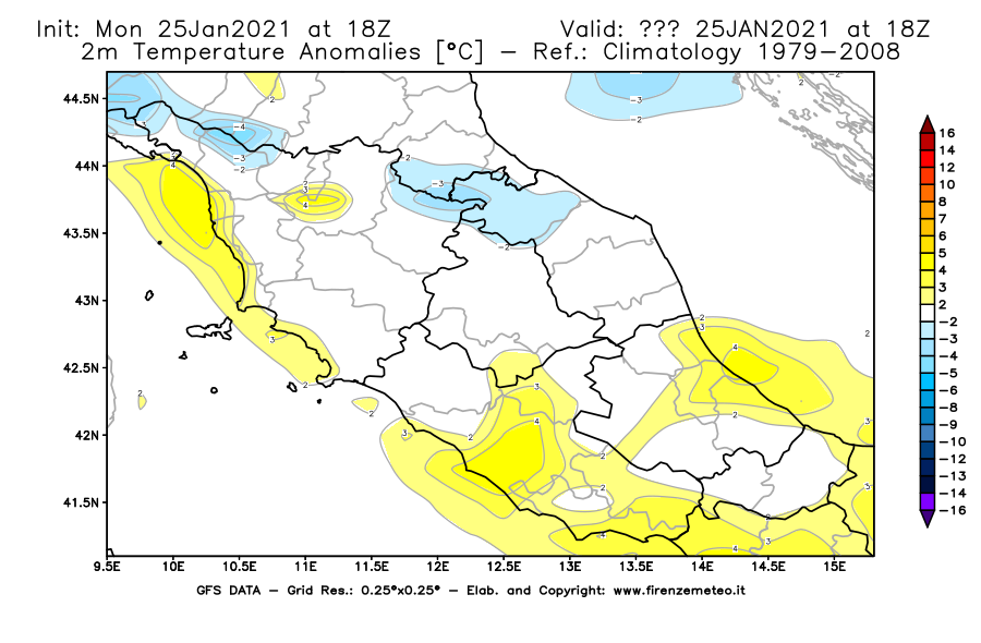 Mappa di analisi GFS - Anomalia Temperatura [°C] a 2 m in Centro-Italia
							del 25/01/2021 18 <!--googleoff: index-->UTC<!--googleon: index-->