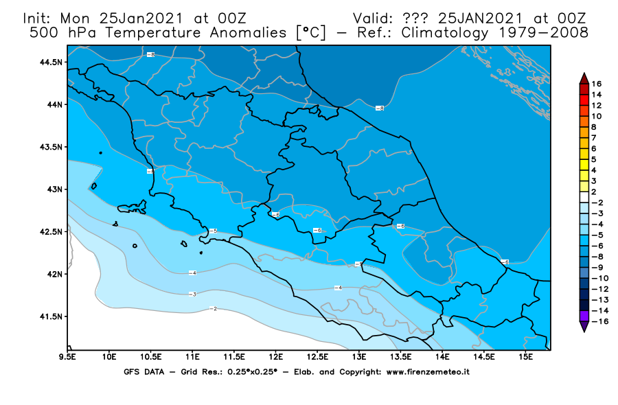 Mappa di analisi GFS - Anomalia Temperatura [°C] a 500 hPa in Centro-Italia
									del 25/01/2021 00 <!--googleoff: index-->UTC<!--googleon: index-->