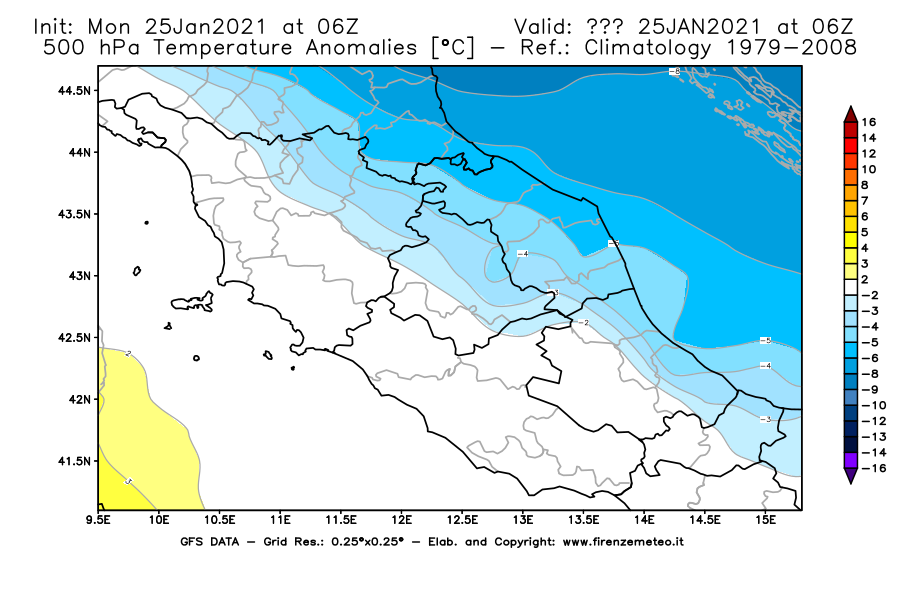 Mappa di analisi GFS - Anomalia Temperatura [°C] a 500 hPa in Centro-Italia
							del 25/01/2021 06 <!--googleoff: index-->UTC<!--googleon: index-->