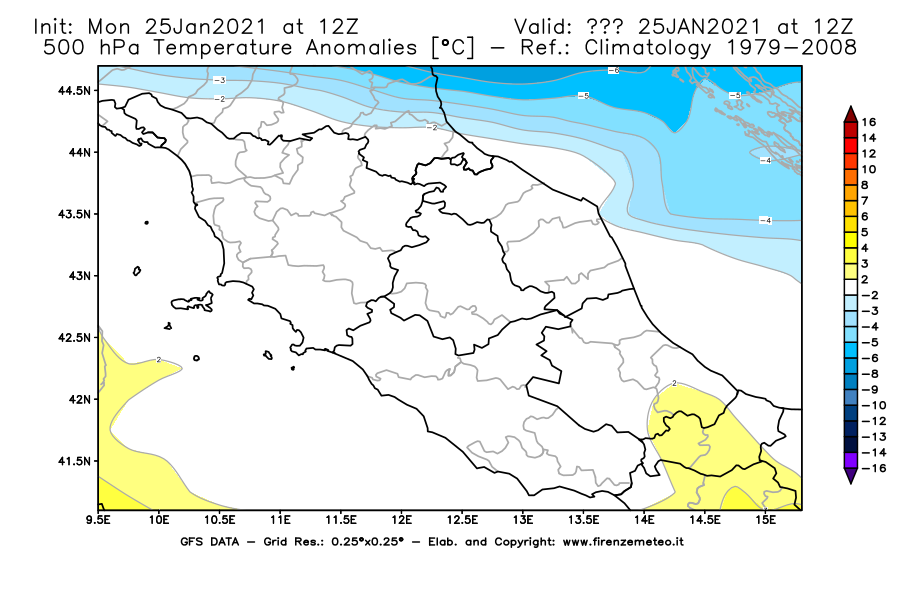 Mappa di analisi GFS - Anomalia Temperatura [°C] a 500 hPa in Centro-Italia
									del 25/01/2021 12 <!--googleoff: index-->UTC<!--googleon: index-->