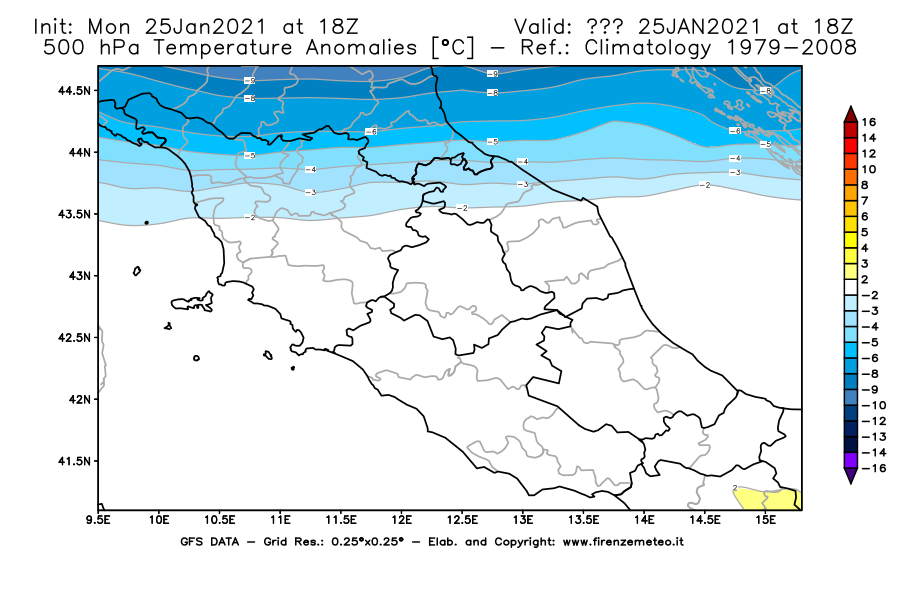Mappa di analisi GFS - Anomalia Temperatura [°C] a 500 hPa in Centro-Italia
									del 25/01/2021 18 <!--googleoff: index-->UTC<!--googleon: index-->