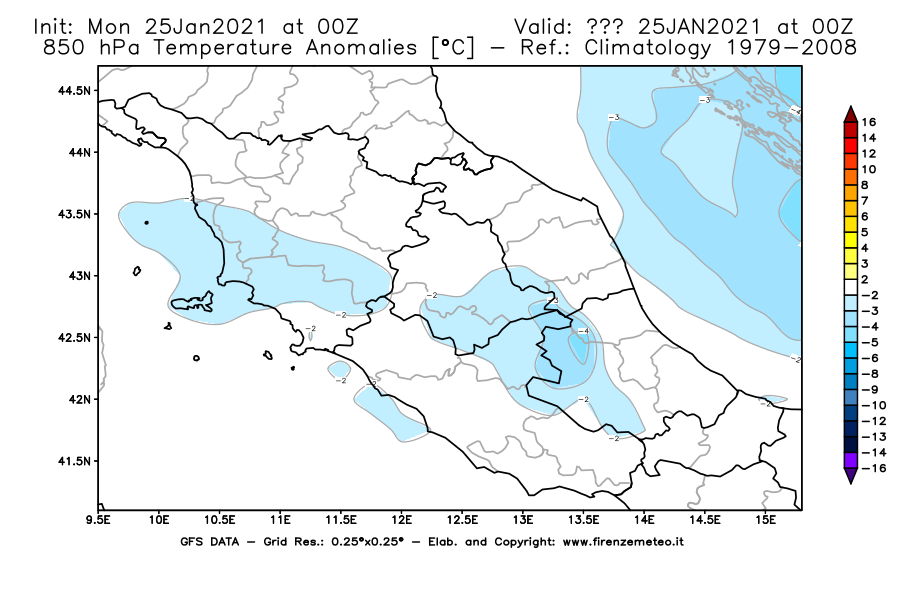 Mappa di analisi GFS - Anomalia Temperatura [°C] a 850 hPa in Centro-Italia
							del 25/01/2021 00 <!--googleoff: index-->UTC<!--googleon: index-->
