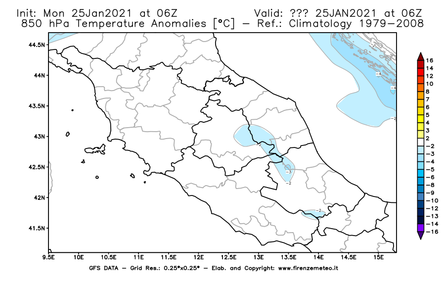 Mappa di analisi GFS - Anomalia Temperatura [°C] a 850 hPa in Centro-Italia
									del 25/01/2021 06 <!--googleoff: index-->UTC<!--googleon: index-->