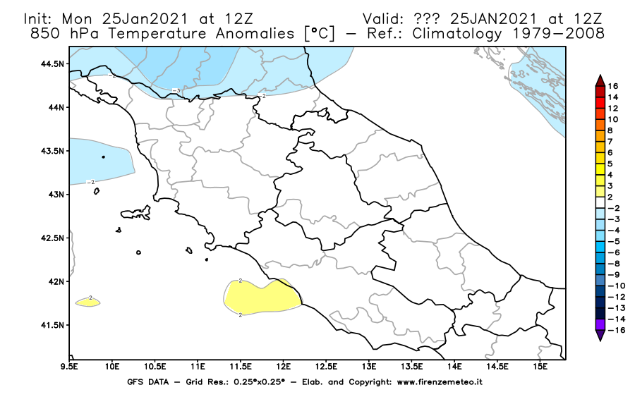 Mappa di analisi GFS - Anomalia Temperatura [°C] a 850 hPa in Centro-Italia
									del 25/01/2021 12 <!--googleoff: index-->UTC<!--googleon: index-->