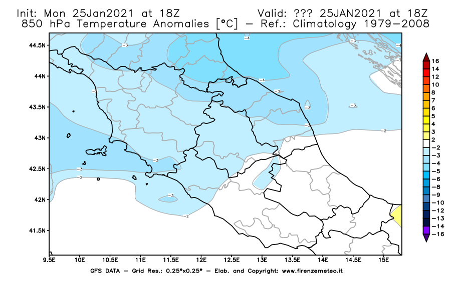 Mappa di analisi GFS - Anomalia Temperatura [°C] a 850 hPa in Centro-Italia
									del 25/01/2021 18 <!--googleoff: index-->UTC<!--googleon: index-->