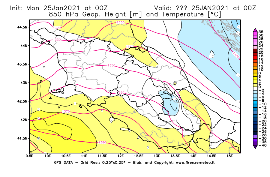 Mappa di analisi GFS - Geopotenziale [m] e Temperatura [°C] a 850 hPa in Centro-Italia
									del 25/01/2021 00 <!--googleoff: index-->UTC<!--googleon: index-->
