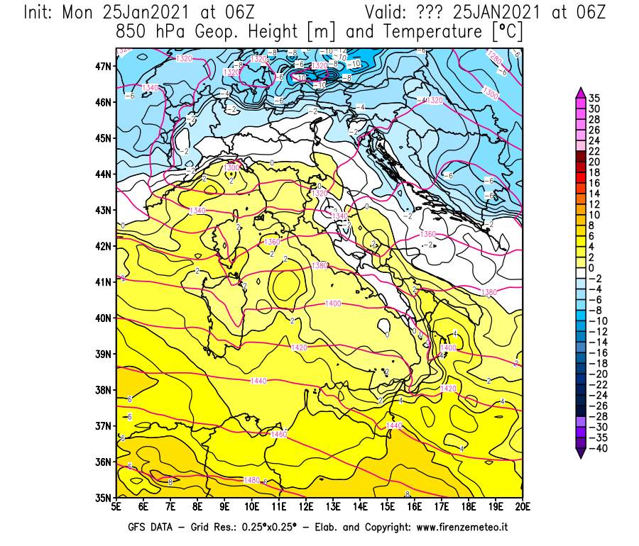Mappa di analisi GFS - Geopotenziale [m] e Temperatura [°C] a 850 hPa in Italia
									del 25/01/2021 06 <!--googleoff: index-->UTC<!--googleon: index-->