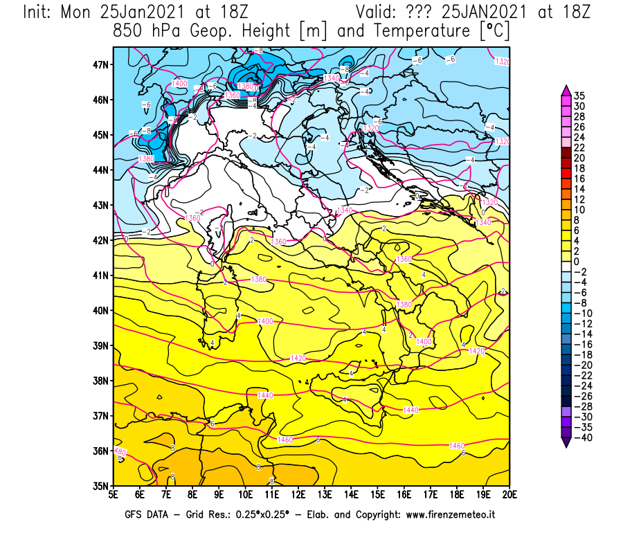 Mappa di analisi GFS - Geopotenziale [m] e Temperatura [°C] a 850 hPa in Italia
									del 25/01/2021 18 <!--googleoff: index-->UTC<!--googleon: index-->