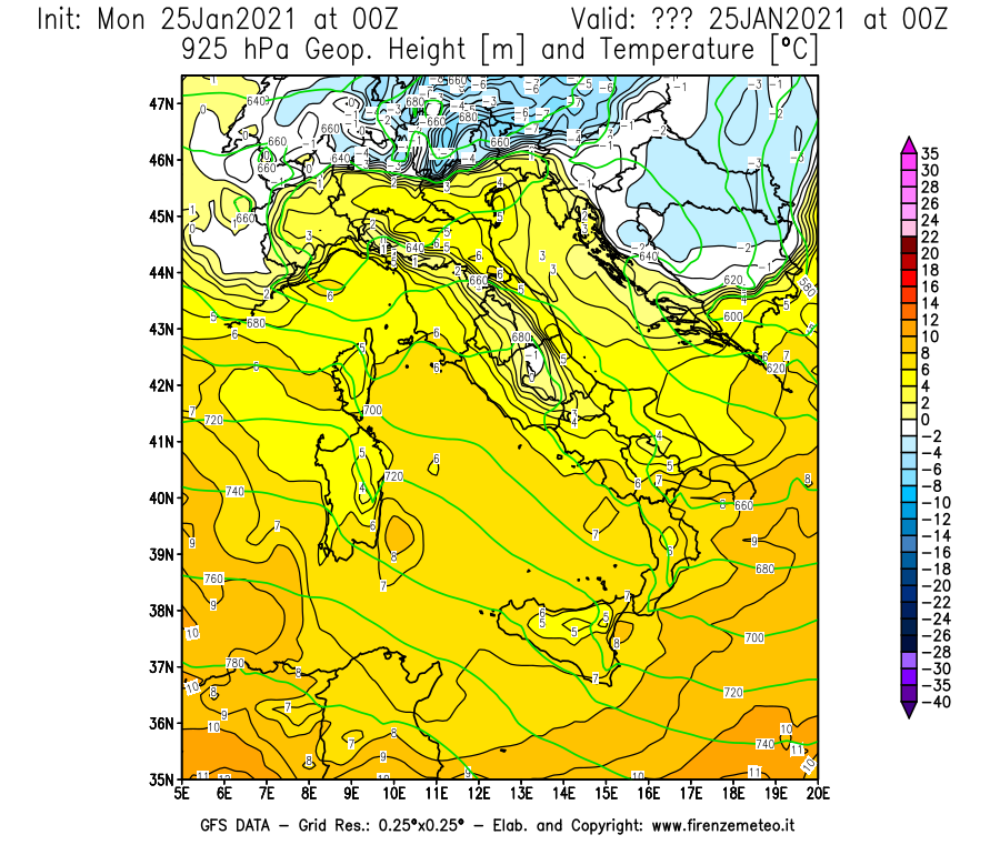 Mappa di analisi GFS - Geopotenziale [m] e Temperatura [°C] a 925 hPa in Italia
							del 25/01/2021 00 <!--googleoff: index-->UTC<!--googleon: index-->