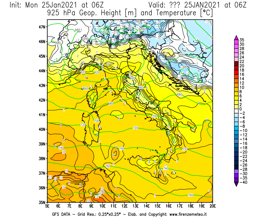 Mappa di analisi GFS - Geopotenziale [m] e Temperatura [°C] a 925 hPa in Italia
									del 25/01/2021 06 <!--googleoff: index-->UTC<!--googleon: index-->