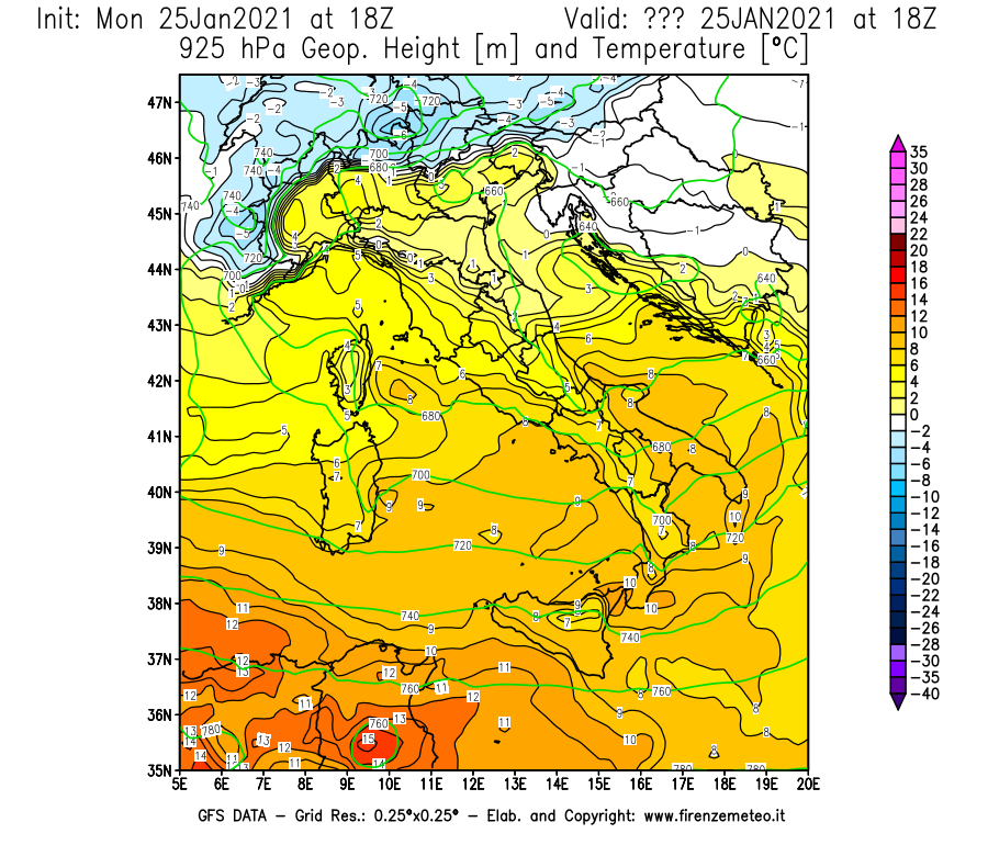 Mappa di analisi GFS - Geopotenziale [m] e Temperatura [°C] a 925 hPa in Italia
									del 25/01/2021 18 <!--googleoff: index-->UTC<!--googleon: index-->