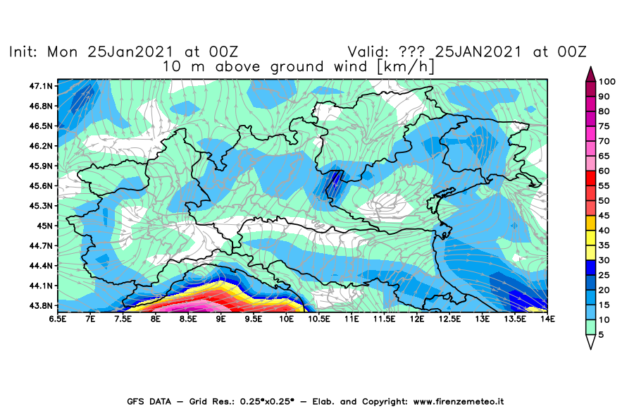 Mappa di analisi GFS - Velocità del vento a 10 metri dal suolo [km/h] in Nord-Italia
							del 25/01/2021 00 <!--googleoff: index-->UTC<!--googleon: index-->