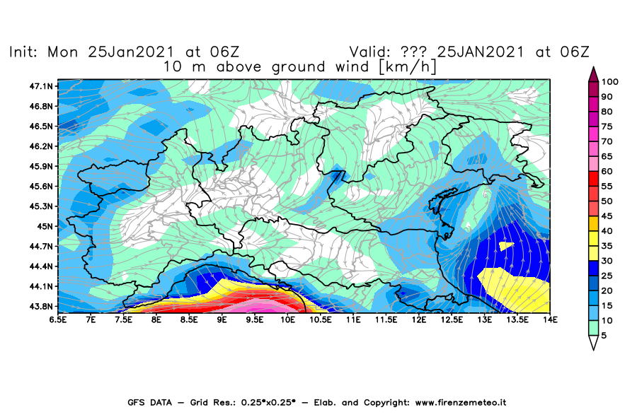 Mappa di analisi GFS - Velocità del vento a 10 metri dal suolo [km/h] in Nord-Italia
							del 25/01/2021 06 <!--googleoff: index-->UTC<!--googleon: index-->